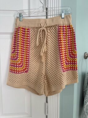House of Harlow 1960 Beige Crochet Shorts with Pink, Orange & Yellow Pockets
